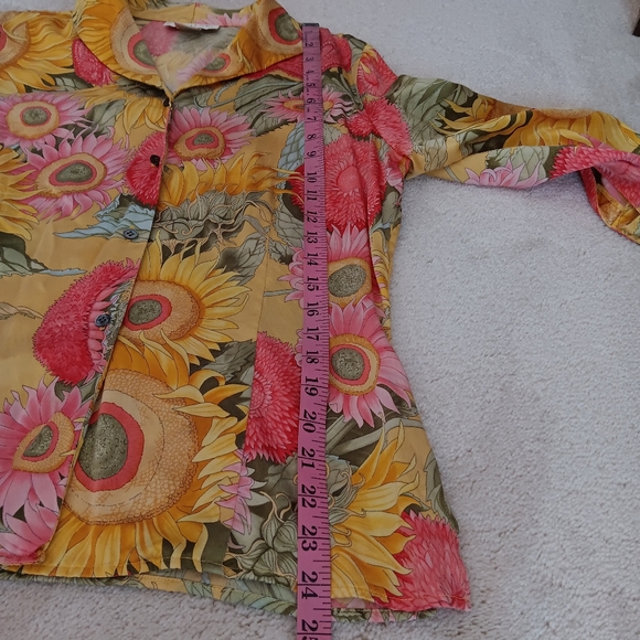 Don Caster~Vintage Yellow Pink & Green Floral Sunflower Silk Button Down Shirt - Picture 9 of 13
